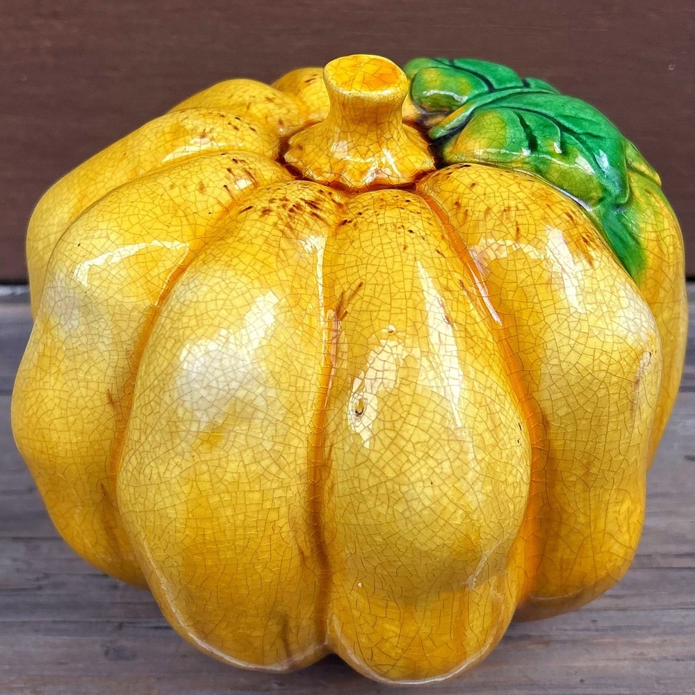 Vintage Ceramic Pumpkin Gold Glazed Green Leaf Crazing Fall Harvest Decor 5.75"